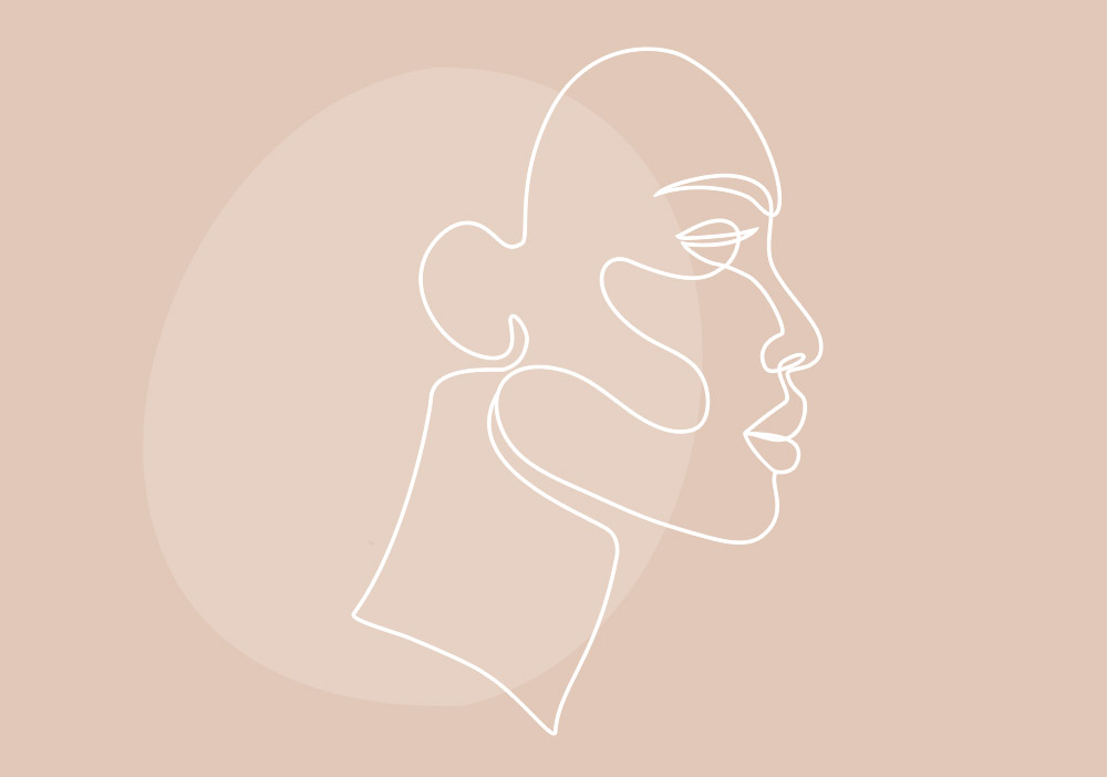 Line drawing of Right side view of a woman's face 