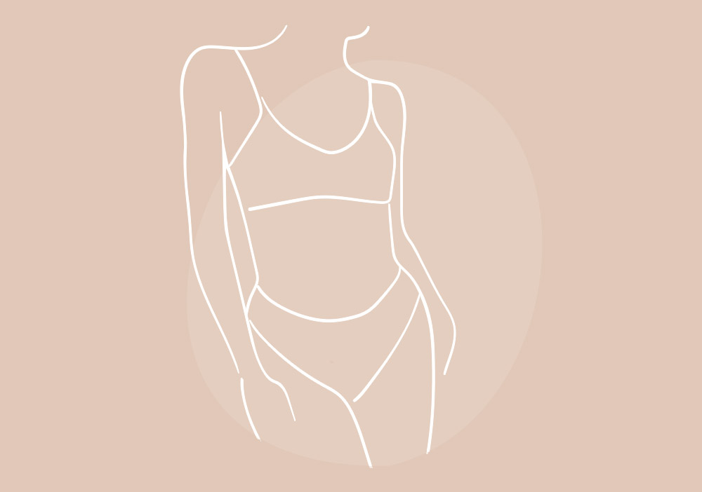 Line drawing of lady in bra and underwear front on