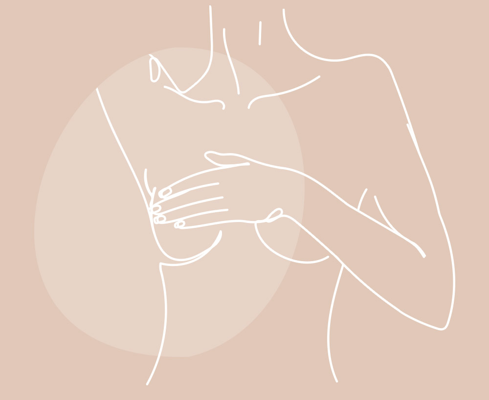 Line drawing of a women covering her breasts