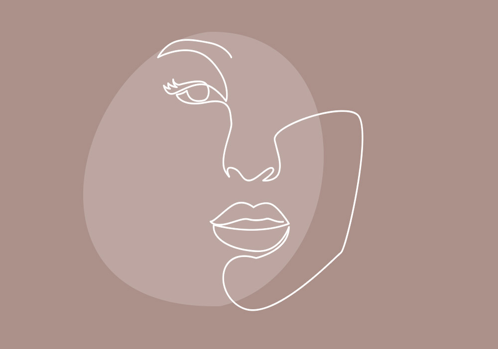 Line drawing of eyebrow, eye, nose, lip and side of face